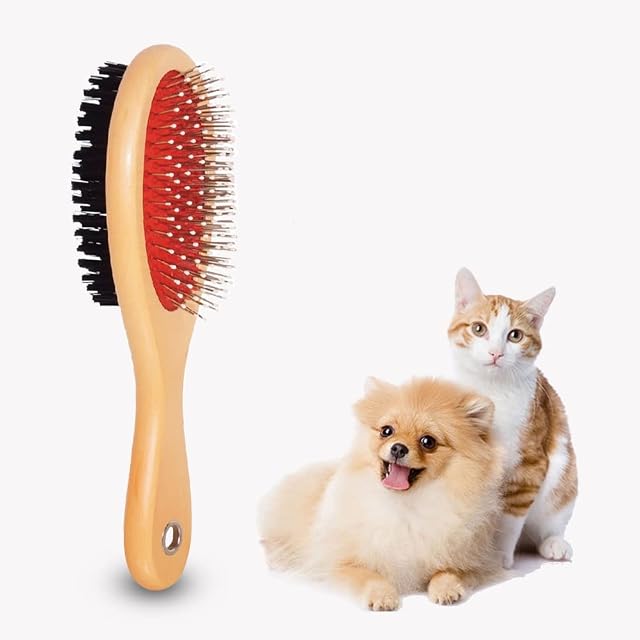 Wooden Dog Brush for Grooming Shedding Messaging & Cleaning for Long and Short Haired Dogs, Cats | 2 in 1 Pin & Bristle Soft Pet Hair Double Sided Dog Brush for Cleaning Loose Fur & Dirt (21cm Length)