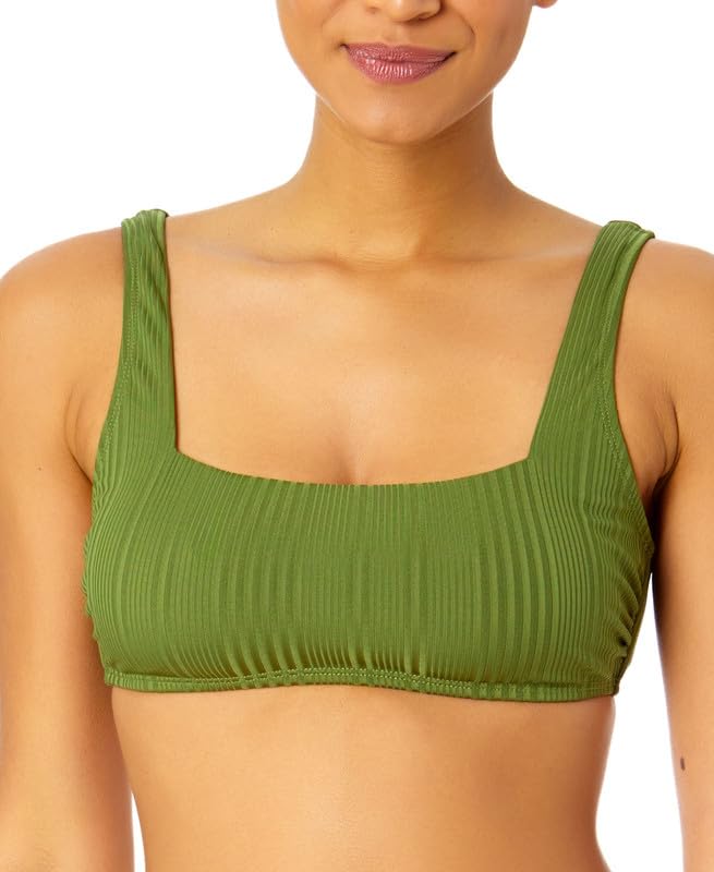 Women's Juniors' Ribbed Square-Neck Bikini Top (Olive, Large)2