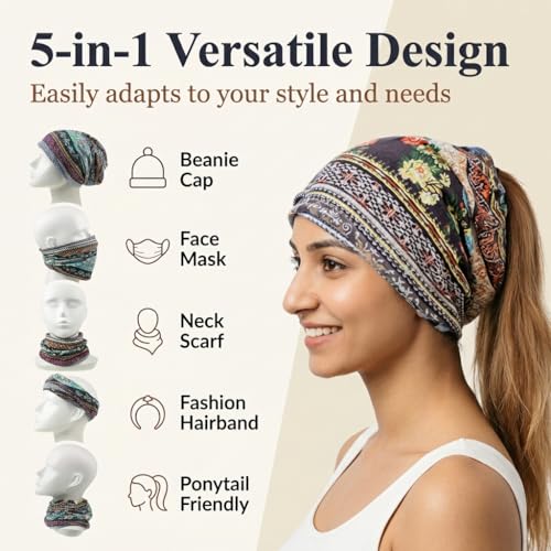 Image of PALAY Hijab Caps for Women, Floral Print Chemo Cap Slouchy Beanie Cap for Women, Fashion Skull Dwarf Hats Head Scarf for Women, Soft Stretch Running Head Scarves for Teen Girls - All Season Use