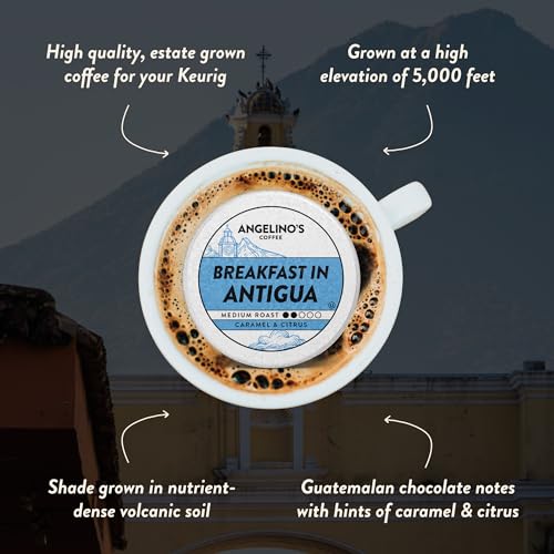 Image of Angelino's Coffee Breakfast in Antigua Coffee Pods, 24 Count - Medium Roast Shade-Grown Guatemalan Blend, K Cup Compatible for Keurig - Notes of Chocolate, Caramel & Citrus