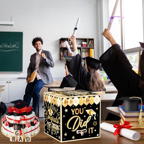 Image of Black Graduation Congrats Card Box, Class of 2026 Black Gold Graduation Party Decorations Money Card Boxes Holder, Graduation Gift Card Box for Grad Parties Supplies 8.7 x 8.7 x 8.7 Inch
