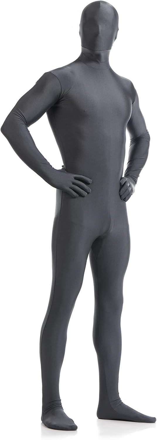 Men's Grey Full Body Unitard with Mask Long Sleeve Zipper Back Jumpsuit One Piece Bodysuit Second Skin Dancewear, Dark-Grey, M/155-165cm
