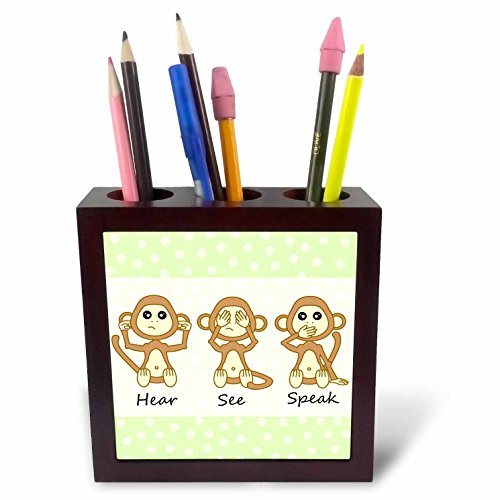 3dRose ph_6126_1 Hear No See No Speak No Evil-Cute Baby Monkeys-Tile Pen Holder, 5-Inch
