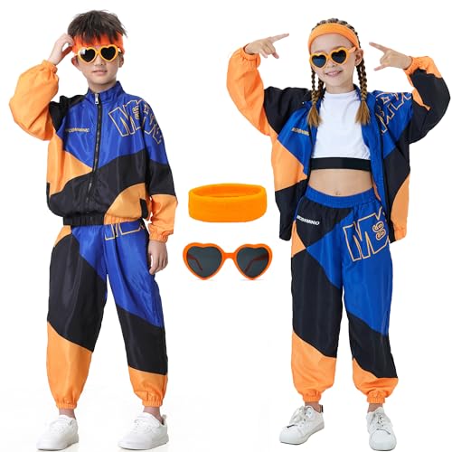 Coseaon 80s Outfit for Kids Retro 90s Tracksuit Boys Girls Hip Hop Dance Clothes Unisex Patchwork Jacket Pants Sportswear (US Alpha Small Blue)
