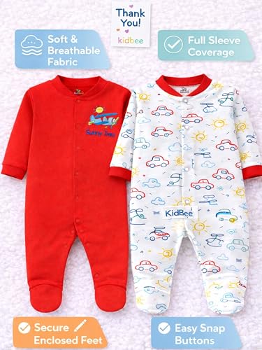 Image of Kidbee Baby Cotton Romper Pack of 2 | 100% Soft Cotton Hosiery | Front Open Snap Buttons | Full Sleeve Footed Sleepsuit | Newborn Baby Clothing Set