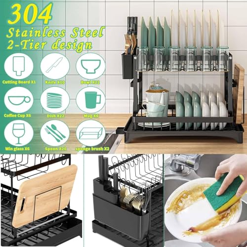 Image of ZENOVIA 2 Tier Stainless Steel Dish Drying Rack for Kitchen Counter | Drain Tray, Plate Stand, Cup Holder, Cutlery Holder