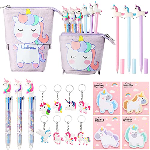 Unicorn Transformer Pencil Holder 6 Pieces Unicorn Gel Ink Pens 4 Pieces Unicorn Sticky Notes Pad 8 Pieces Unicorn Keychains for Girls Teens, Stationery Supplies Stand Store Pencil Holder