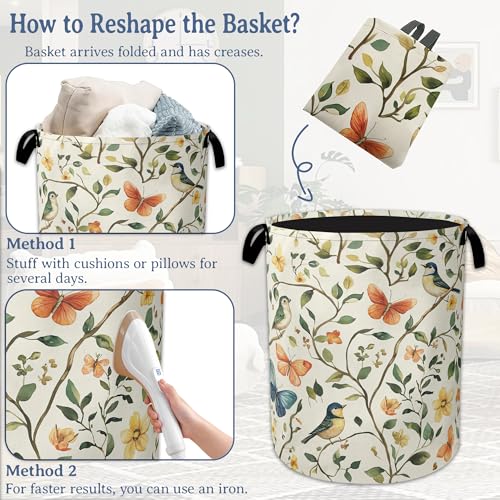 Image of Bird Butterfly Laundry Basket,Oxford Cloth Vintage Nature Laundry Hamper With Handle Foldable Portable Clothes Storage Basket for Laundry Room /Bedroom /Bathroom 20.8 inchx16 inch