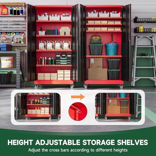 Image of Letaya Metal Garage Storage Cabinets with Lock Door and Adjustable Shelves, Steel Tool Cabinets for Home,Office,Warehouse Organisieren (Black Red, 74.41 inch H)