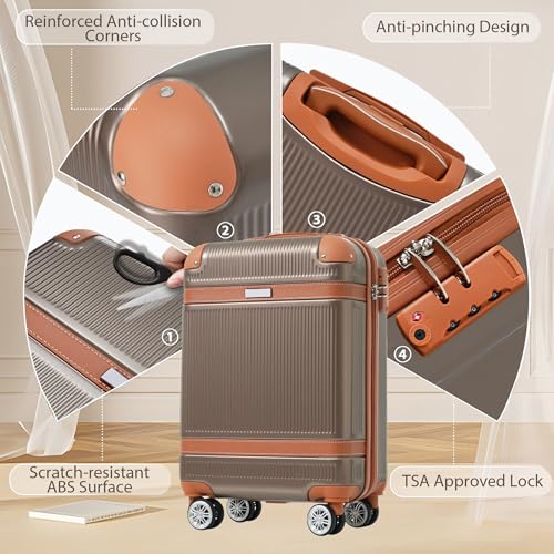 Bed Bath & Beyond Hardshell Luggage Sets 3 Piece Carry-on Suitcase Double Spinner Wheels with TSA Lock for Men Women, Coppery (20in)2