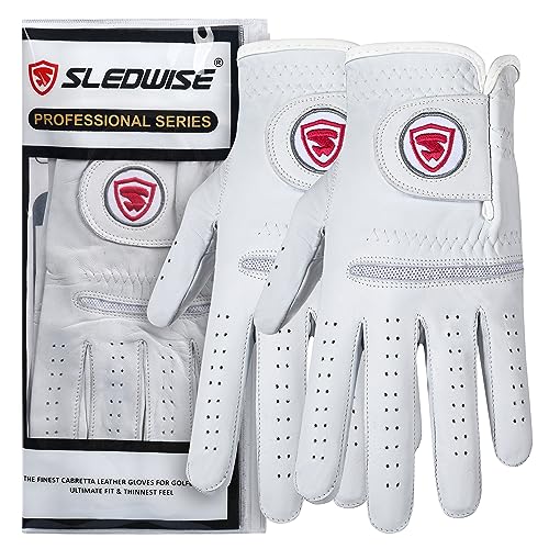 Sledwise Golf Gloves Men Left Handed Golfer 2 Pack - 100% Cabretta Leather, Mens Golf Glove, All Weather Grip