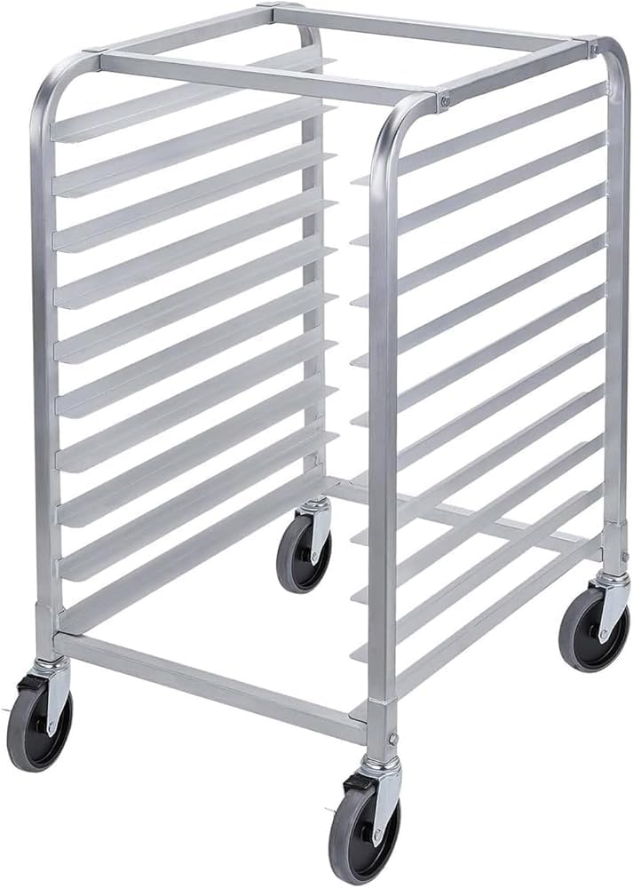10-Tier Aluminum Bakery Rack with Lockable Wheels | Commercial-Grade Full/Half Sheet Pan Storage for Home Kitchens, Restaurants, Cafeterias & Dessert Shops