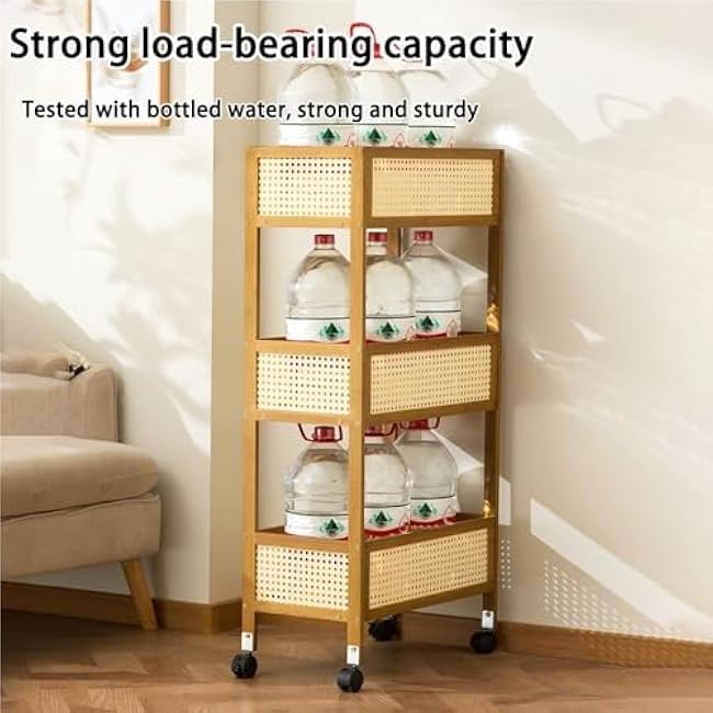 Bamboo 3 Tier Storage Carts with Wheels, Lockable Slim Bathroom Cart Organizer, Rolling Cart Storage Shelf, Snack Cart, Kitchen Shelves for Narrow Places(Natural,50cm-19.7in)-krW3hCS4