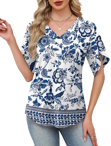 Image of WIHOLL Womens Summer Tops Short Petal Sleeve Shirts Fashion V Neck Womens Clothing