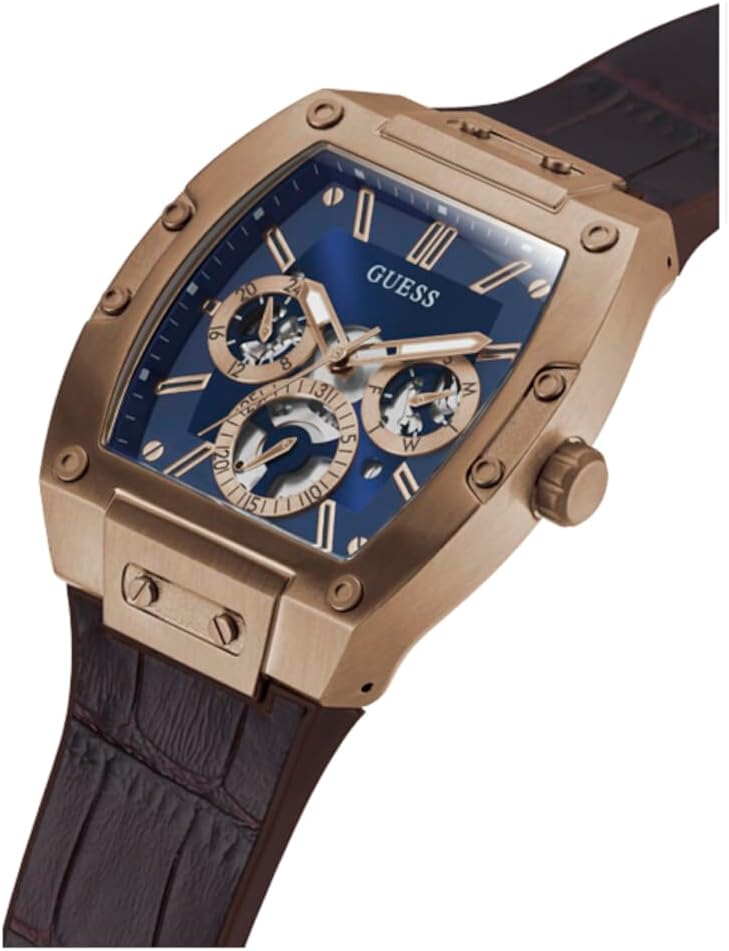 Reloj multifuncional guess para hombre trend de 43 mm caja de acero  inoxidable color caf con esfera de diamantes azules y correa de cuero croco  marr n