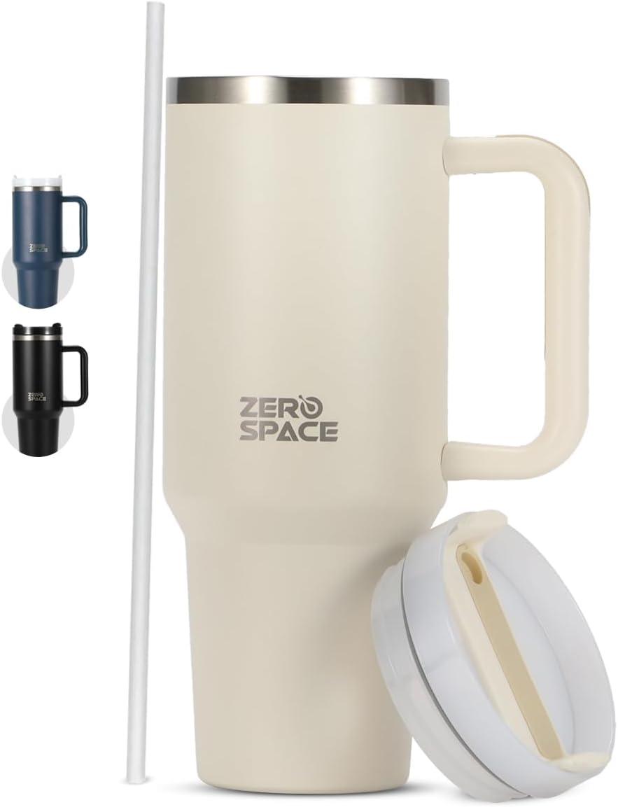 ZeroSpace Stainless Steel Tumbler with Straw Insulated Cup Tumbler Large Tumbler with Lid for Tea of Coffee Tumbler for Travel Double-Wall Tumbler for Adults (40oz - Cream White)