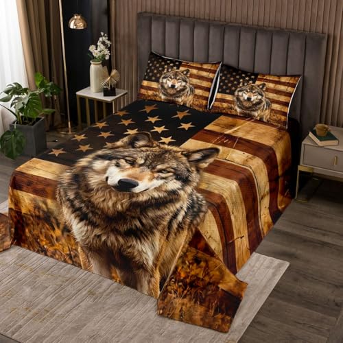 Homemissing Wolf Tagesdecke 240x260cm Animal Wolves Bettüberwurf for Jungen Mädchen American Flag Wohndecke Western Room Dekor Farmhouse Bettdecke Stepp Decke Steppdecke