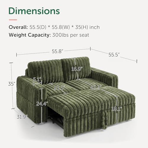 Image of HONBAY Plush Corduroy Loveseat Sleeper Sofa,Modular Pull Out Sofa Bed,Couches for Living Room,Plush Green