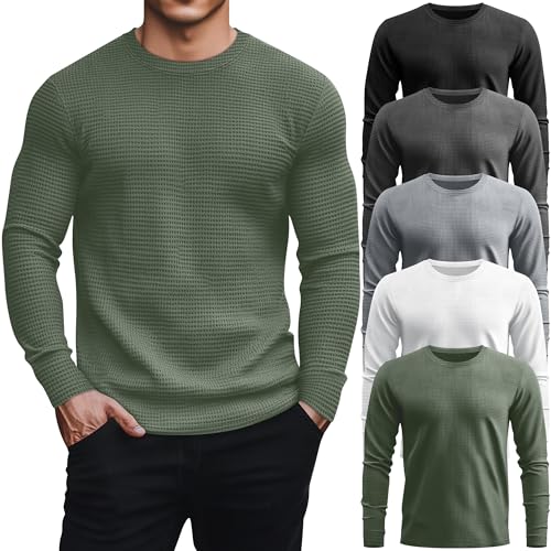 August Alley 5 Pack Thermal Waffle Shirts for Men, Crew Neck Long Sleeve Casual Pullover Underwear Textured Knit Tops(Black, Dark Gray, Gray, White, Army Green,Large)