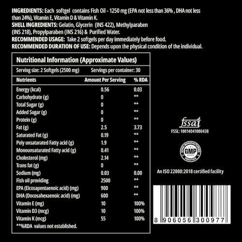 Image of Curegarden Omega-3 Fish Oil Capsules 2500mg - Triple Strength with 900mg EPA, 600mg DHA - Vitamin D, E & K - Heart, Brain Health - Boost Immunity, Metabolism & Bone Health - 60 Softgels (Pack of 2)
