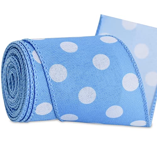 Toniful 2.5 Inch Wired Edge Ribbon, Baby Blue Polka Dots Burlap Ribbon, Summer Spring Wired Ribbon, For Gift Wrapping, Wreath Bows Making, Crafts Home Decoration, Easter Decor（Baby Blue，6Yds） #TOP1