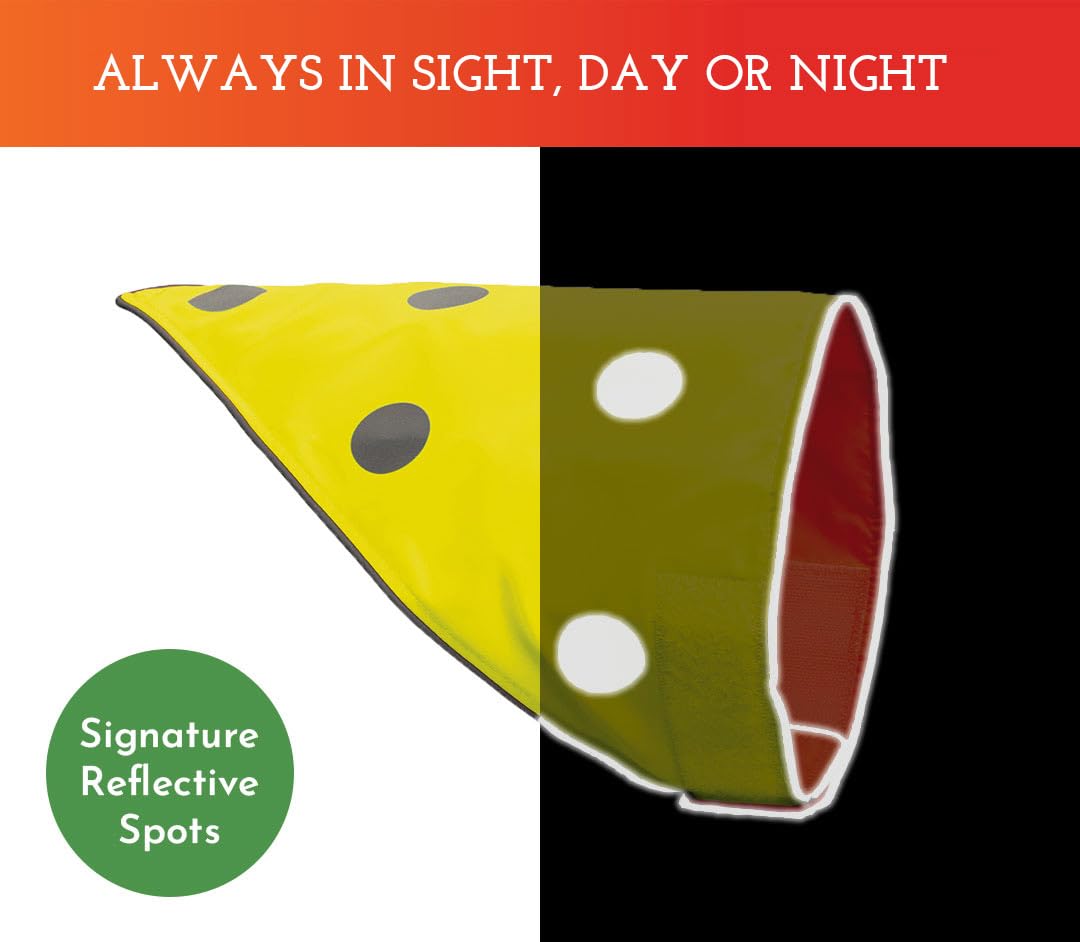 SPOT THE DOG! Reflective Bandana Bib Safety Apparel for All Dogs - Easy Fastening Closure, Reversible High Visibility Fluorescent Orange/Yellow L-XL