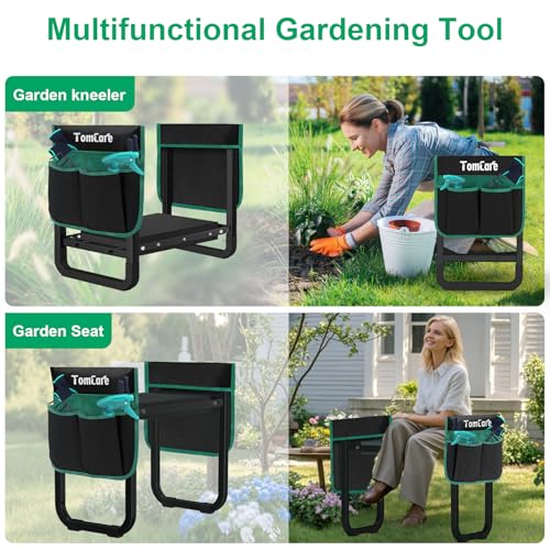 Image of TomCare Garden Kneeler and Seat 11.14 inch Wider Larger Soft Kneeling Pad Garden Bench with 2 Large Tools Pouches Heavy Duty Foldable Garden Stool Gardening Gifts for Women Men Gardeners Seniors, Black