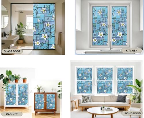 Image of WISDOM Privacy Window Film Frosted Glass Film Glass Film No Glue Anti-UV Window Sticker Non Adhesive for Privacy Office Meeting Room Bathroom Living Room (Flower Jasmine, 12 x 80 inch)