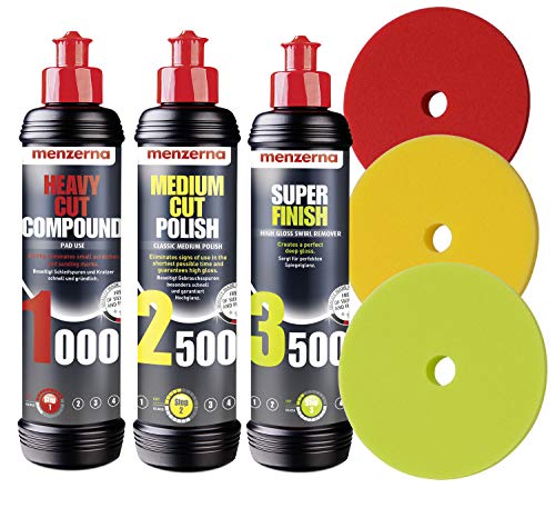 menzerna 250ml: 1000 Heavy Cut Lot de 2 500 polissoirs pour carrosserie de Voiture Super Finish + 3 tampons de Polissage Cover