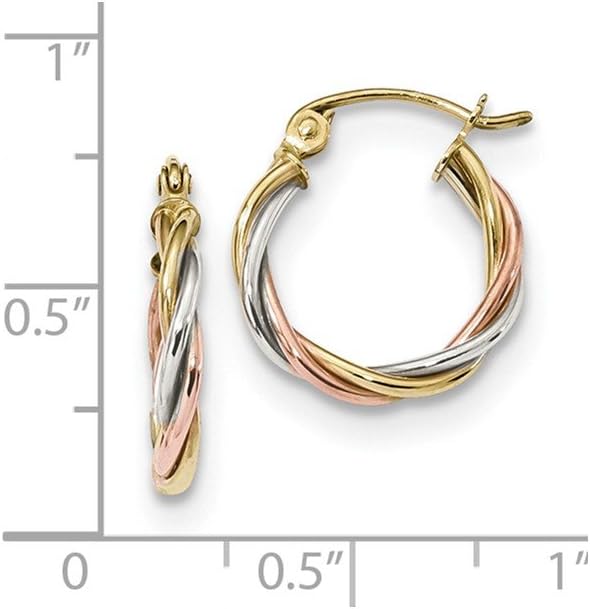 Solid 10k Yellow White and Rose Gold Three Color 2.5mm Twisted Hoop Earrings - 16mm x 14mm