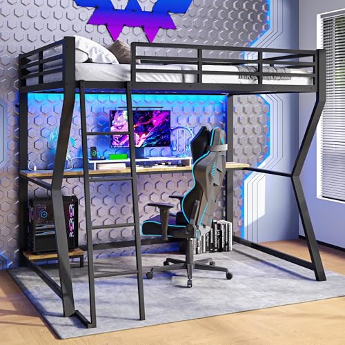 Seyakany - Cama entrepiso de metal, 90 x 200 cm, con toma eléctrica y USB, cama entrepiso de 1 plaza con luz a distancia y escalera, rampa para consola de ordenador, oficina, sin colchón, color negro