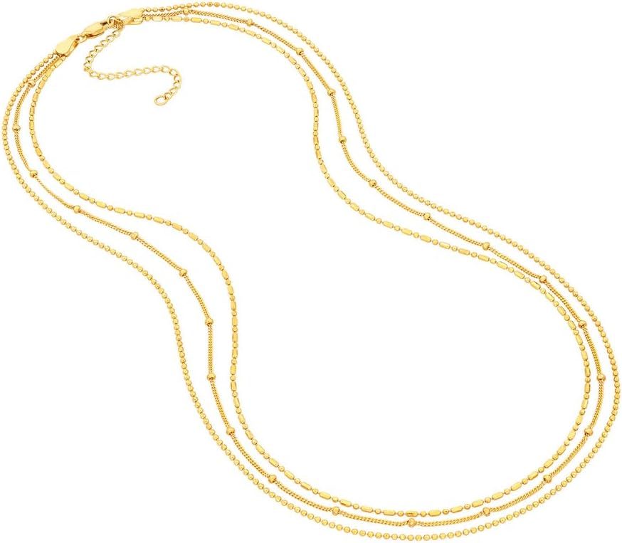 JewelryWeb 14k Yellow Gold Mixed Bead Triple Strand Adjustable Necklace 18 Inch Strand Necklace for Women