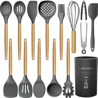 14 Pcs Silicone Cooking Utensils Kitchen Utensil Set - 446°F Heat Resistant,Turner Tongs,Spatula,Spoon,Brush,Whisk. Wooden Handles Gray Kitchen Gadgets Tools Set for Nonstick Cookware (BPA Free)