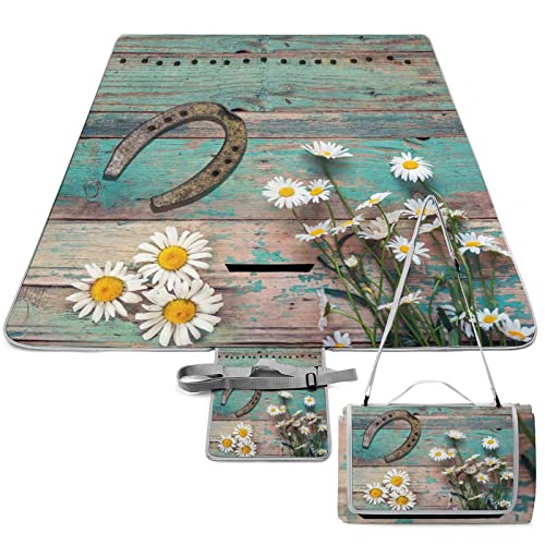 Kazynee Rustic Western Outdoor Picnic Blanket Cowboy Spring Floral Daisy Teal Wooden Horseshoe for Portable Outdoor Blanket for Travel Camping 58.3x58.3 Inch