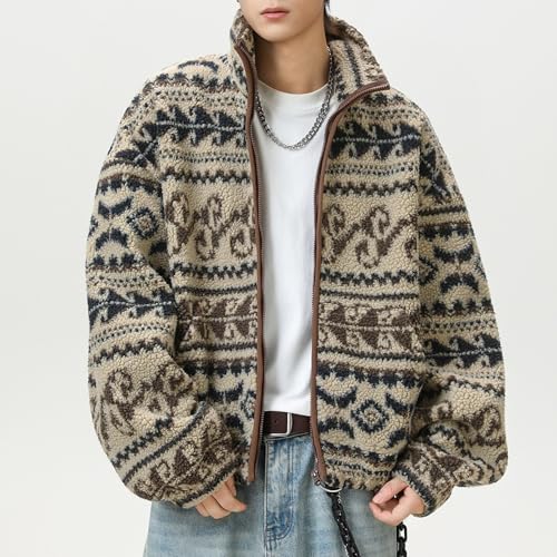 Mens Jacket Ethnic Style Jacquard Fleece Fall Winter Stand Collar Warm Coat - image 2