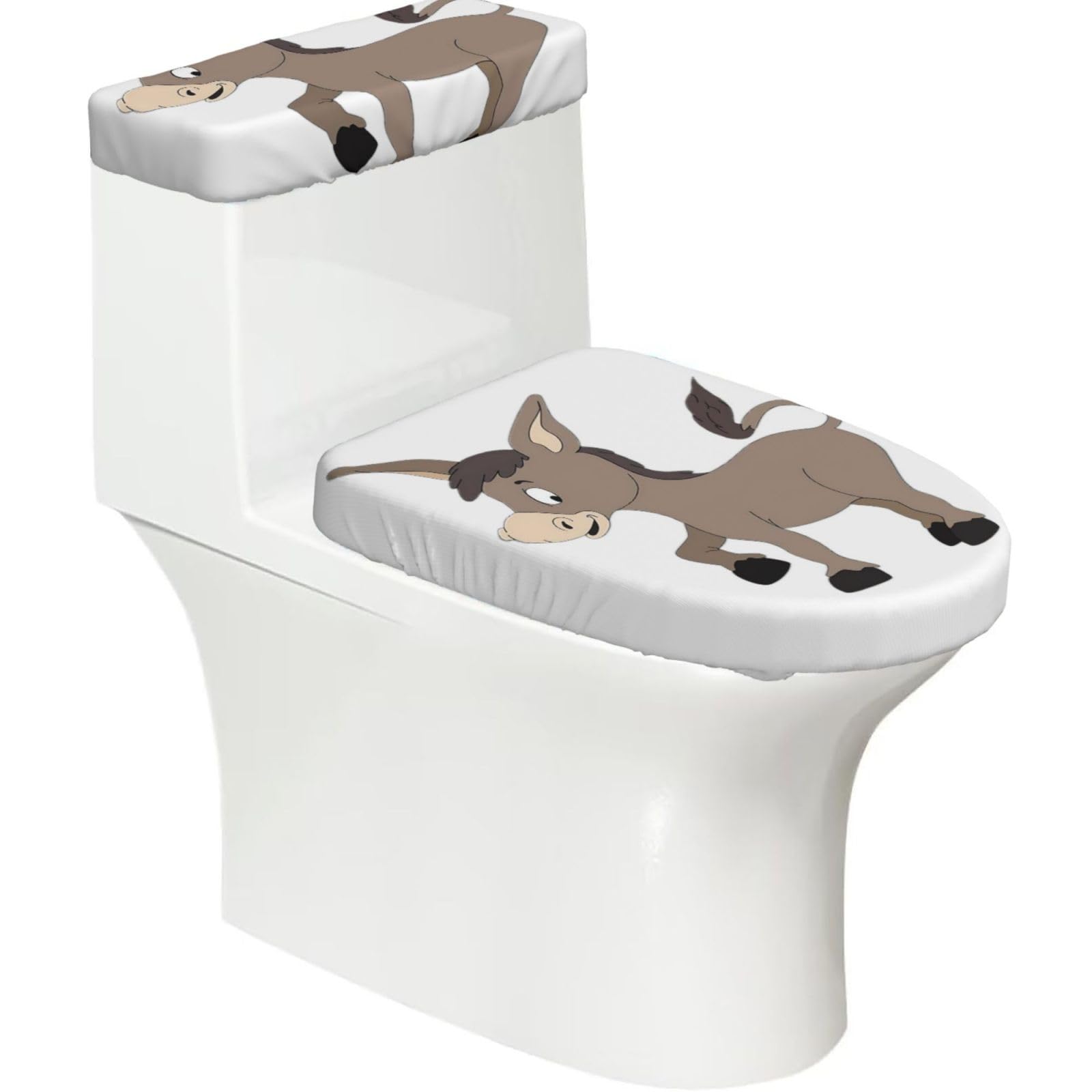 Cartoon Donkey Print 2-Piece Stretch Toilet Cover Set, Elastic Breathable Toilet Seat and Tank Lid Protector