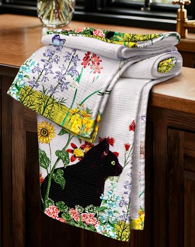 Image of Miss Adola 2pcs Waffle Kitchen Towels - 16x26 Inch Cotton Waffle Weave Dish Cloths Set of 2 with Hanging Loop Absorbent Hand Tea Towels Cute Design for Housewarming Gift, Cat in Flowers