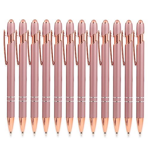 MengRan 12pcs Rose Gold Pens with Stylus Tip, Black Ink Medium Point Click Ballpoint Pens,Stylus Pens for Touch Screens (12 Rose Gold)