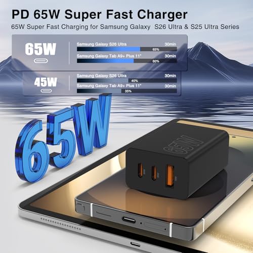 Image of 65W Super Fast Charger Type C for Samsung,3 Port 100W Quick Charging 3.0 USB C Block & 3 /6 /10 /10FT Braided Type C Cord for Samsung Galaxy S26 Ultra /S26 /S25 Ultra /MacBook Air /iPhone 17 18 Pro-Purple