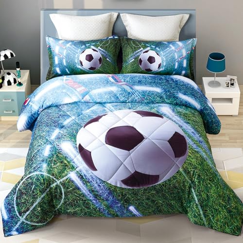 Wowelife Soccer Bedding Set Green Queen 5 Pieces Soccer Comforter Set for Boys and Girls Queen Size...