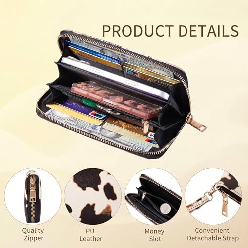 Image of Checkered Cow Print Wallet For Women Skull Goth Frog Butterfly Turtle Ladies Cluth Wristlet Wrist Strap Long Purse Zip Around Card Holder