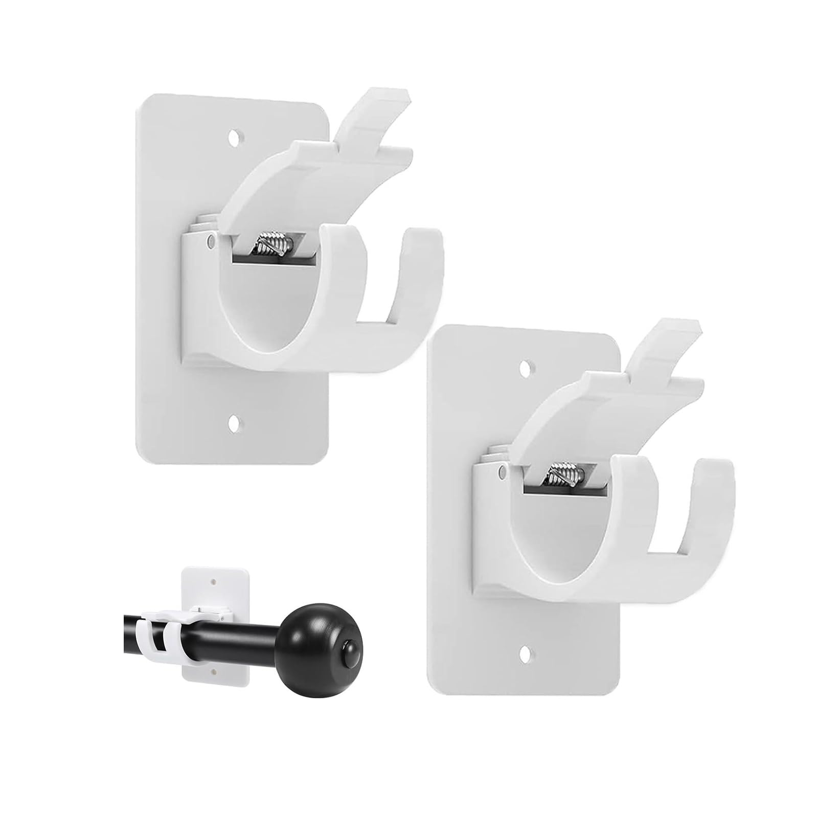Kaizuca 2 Pack Curtain Pole Brackets No Drilling, Self Adhesive Curtain Hooks with Screws, Clamp Mounts for Bathroom and Living Room Curtains,White