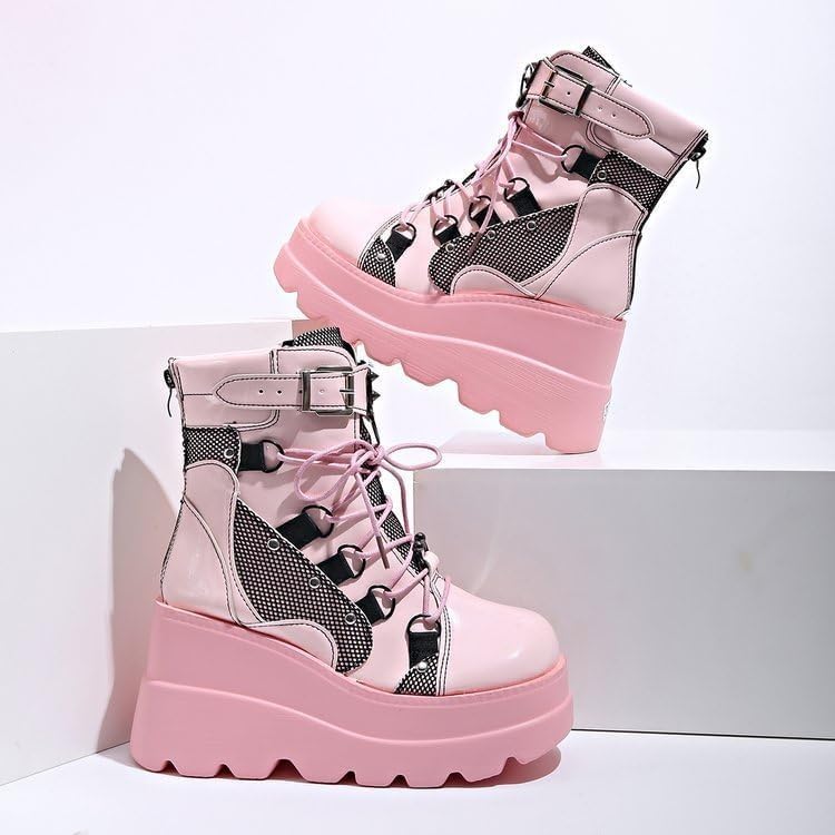 Image of Womens Goth Platform Boots Chunky High Heel Booties Round Toe Combat Ankle Boots Womens Lace Up Motorcycle Wedges Shoes