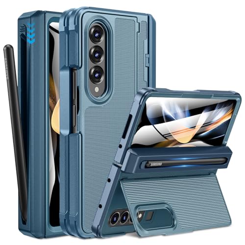 Caka for Samsung Galaxy Z Fold 4 Case [Thinner S Pen Holder] [Hidden Kickstand] [Hinge Protection] [Screen Protector] Full Body Hard Shockproof Phone Cover with Anti-Slip Textured for Fold4 - Blue