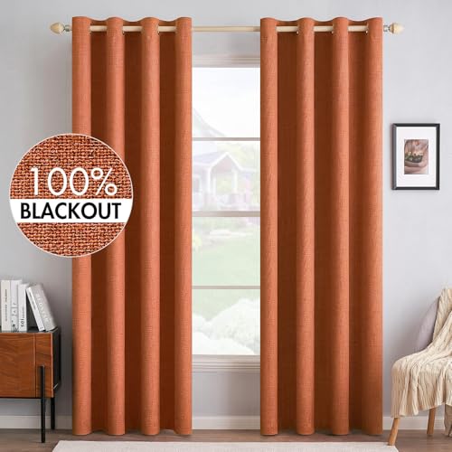 Image of MIULEE Linen Curtains for Bedroom 100% Blackout Thermal Insulated Orange Grommet Room Darkening Curtains & Drapes Fall Decor for Living Room 52 x 90 Inch (2 Panels)