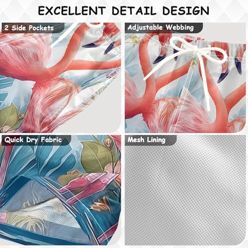 OREZI Boys Swim Trunk Two Pink Flamingo in Love with Flowers Bathing Suit Swim Shorts for Toddler Kids Teens3