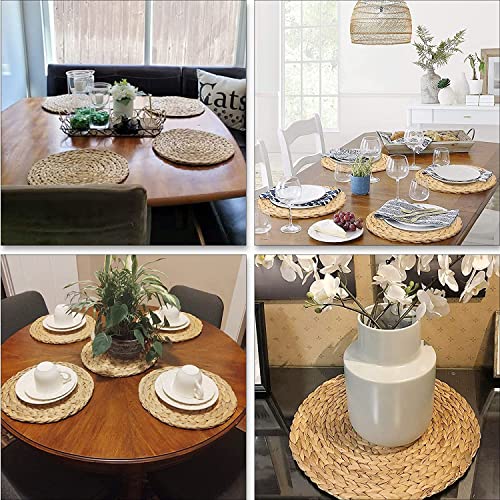 Image of Defined Deco Woven Placemats Set of 4,12 inch Round Rattan Placemats,Natural Hand-Woven Water Hyacinth Placemats,Farmhouse Weave Place Mats,Rustic Braided Wicker Table Mats for Dining Table,Home,Wedding.