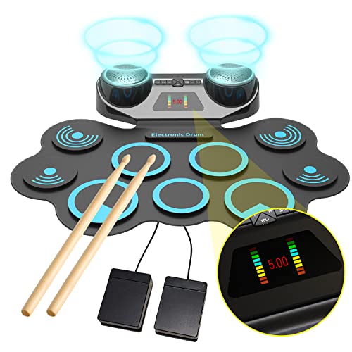 9 Pads Electronic Drum Set - Electric Roll Up Drum Practice Pad with LED Screen - Midi Drums Kit Built-in Speaker, MP3 USB Port, Headphone Jack, 8 Demo Songs, Pedals, Sticks, 10 Hours Playtime