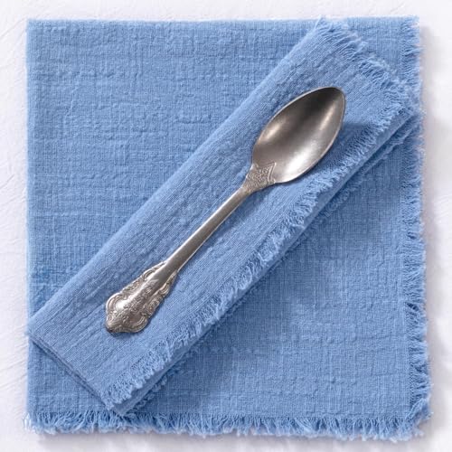 Image of MLMC 10 Pack Dusty Blue Cloth Napkins with Fringe Boho Linen Napkins Washable Reusable Rustic Dinner Table Decor 17 inchx17 inch for Wedding Party Bridal Baby Shower Home Decor