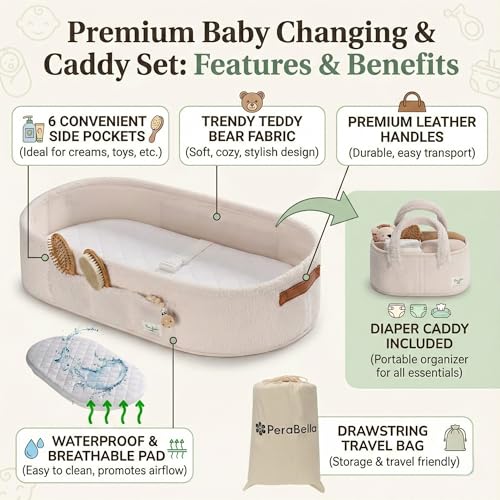 Image of PeraBella Baby Changing Basket for Dresser Top, Baby Moses Basket for Newborn, Portable Diaper Changing Pad Table Topper for Dresser, Includes Diaper Caddy Organizer with Handle, Moses Bassinet Mat